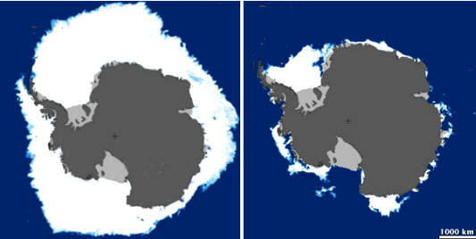 Alcance de las masas de hielo en el invierno (izquierda), estimado en 20 millones de km2; y verano (derecha), estimado en unos 3 millones de km2. Las zonas de color gris son las plataformas heladas permanentes