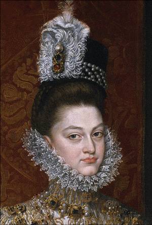 Infanta Isabel Clara Eugenia ataviada con copete - Pintura de Sánchez Coello, Museo del Prado.