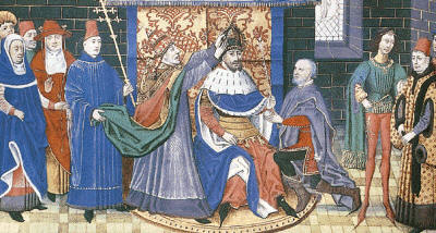 Coronamiento de Carlomagno como emperador por el el papa León III. Esto significaba el reconocimiento muy afianzado en la época de que el poder tenía una naturaleza de origen divino.