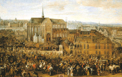 Fiesta de los ballesteros en Nuestra Señora del Sablón (Pierre Sanyers), donde se puede observar el grado de desarrollo urbano de los Países Bajos en el siglo XVII.