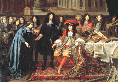 Luís XIV inaugurando la Academia de las Ciencias y el Observatorio, acompañado por Colbert