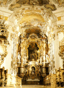 Un ejemplo representativo del Rococó centroeuropeo; Santuario de Wies, en Baviera, Alemania.