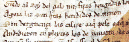 Detalle de una página manuscrita del Cantar de Mío Cid firmada por Per Abbat