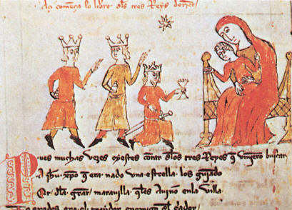 Cabecera de una página del Libro de Apolonio, representando la Adoración de los reyes magos.