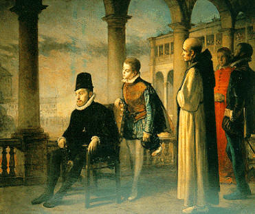 Felipe II presenciando un auto de fe; obra de D. Valdivieso