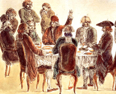 Voltaire en su mesa con los filósofos. Grabado de Aubert, Biblioteca Nacional de Paris
