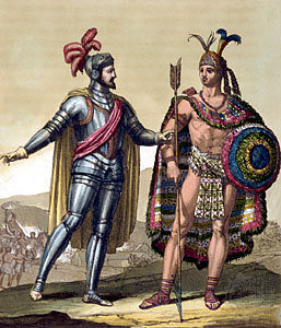 Hernán Cortés y Moctezuma, representados como guerreros ataviados con las prendas de la época