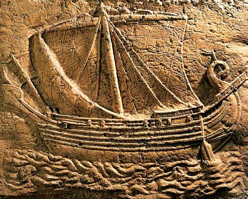grabado de una nave fenicia del siglo I a.C. reproducido de un sarcófago hallado en Sidón