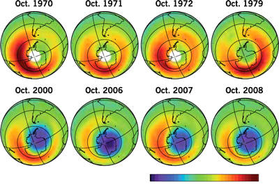 Nivel de ozono en el antártico medido hasta finales de la primera década del siglo XXI. Puede observarse en rojo la progresiva disminución del ozono antártico desde 1970