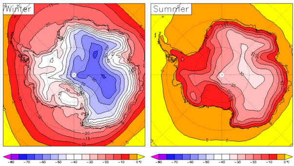 Temperaturas medias anuales en la Antártida: Invierno (izquierda) y verano (derecha)