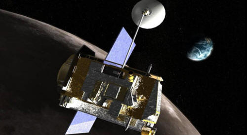 Color illustration of LRO spacecraft orbiting the Moon with Earth in the background.