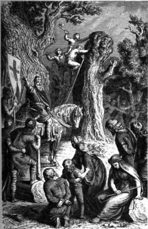 La destrucción del Irminsul por Carlomagno, ilustración de Heinrich Leutemann (1882)