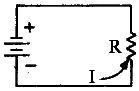 Circuito básico serie: la corriente (I) circula a través de una carga (R) entre el terminal negativo (-) y el positivo (+) de la fuente