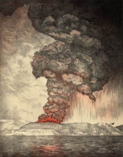 Litografía del volcán Krakatoa, durante una gran explosión en 1883. Emitió a la atmósfera gran cantidad de gases volcánicos y destruyo la mitad de la isla