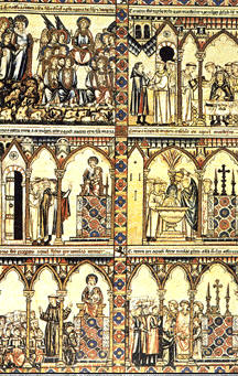 Ilustración de una Cantiga de Alfonso X, donde se pueden observar escenas de la vida religiosa medieval