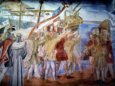 Mural del monasterio de la Rábida, donde Daniel Vázquez Díaz narra gráficamente los preparativos del viaje de Colón