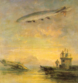 Pintura de Pearson (Imperial War Museum, Londres), donde se ilustra la primera acción de guerra aeronaval con un dirigible, realizado por los británicos sobre la base de Cuxhaven
